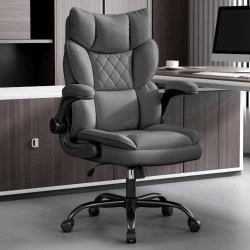 Vonesse Office Chair, Desk Chair with Flip-up Armrests, Gaming Chair with Double-Layered Soft Backrest,PU Leather Computer Executive Chair with Breathable Seat Cushion (Grey)