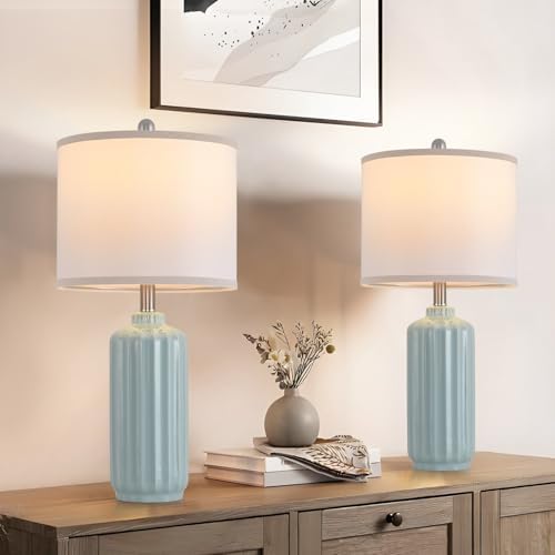 Lamp for Living Room Bedroom Lamps Farmhouse Table Lamps Set of 2 Vertical Stripe Ceramic Table Lamp,Linen Shade with Bulb, 25 in High,Seafoam,Blue