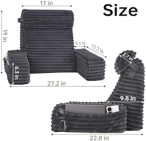 ENITYA 19" Large Back Pillow for Bed Sitting Up with Armrests & Big Pockets