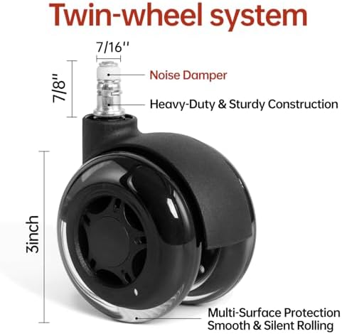 Office Chair Wheels, 3 Inch Double Rollerblade Office Chair Wheel Replacement-Smooth & Quiet Rolling Chair Wheels for Hardwood Floors & Carpet for Heavy Duty Gaming Chair Set of 5 Black