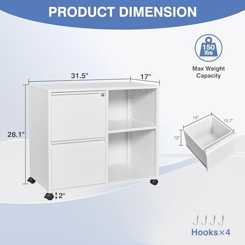 Metal 2 Drawer File Cabinet with Side Hook, Lockable Lateral Filing Cabinet for Letter/A4/Legal Size Files,Rolling Printer Stand with Adjustable Shelf & Lockable Wheelss for Home Office(White)