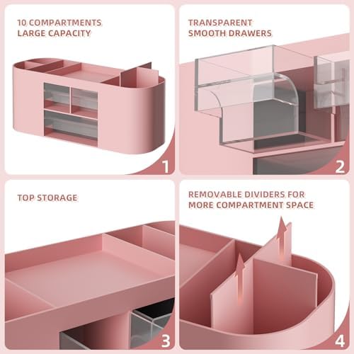 Marbrasse Desk Organizer Pen Holder for Desk with 3 Drawers, Multi-Functional Pencil Holder, Desk Organizers and Accessories with 7 Compartments for Home, School, Classroom(Pink)