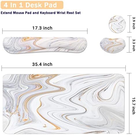 4-in-1 Large Gaming Mouse Pad, Keyboard Wrist Rest Pad & Wrist Support Mousepad Set, Extended Desk Pad Waterproof Desk Mat for Home Office Study Game - White Marble