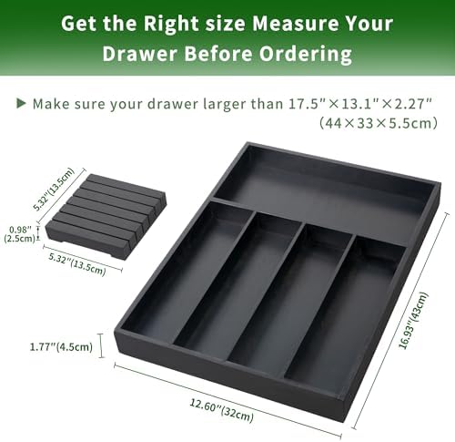 VaeFae Bamboo Silverware Drawer Organizer, 5 Slots, Black