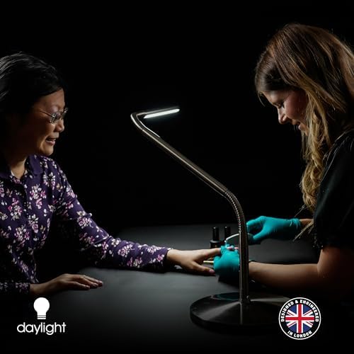 daylight Company, LLC U35108 Slimline 3 Table Lamp-LED-80 CRI-Eye Care-4 Brightness Levels, 3,000 LUX at 30 cm, 1,065 LUMENS-4 Step DIMMER Mode, Brushed Steel, 25.6 x 30 x 0.8