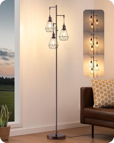 EDISHINE 70" Industrial 3 Light Floor Lamp with 3 LED Bulbs, Dimmable