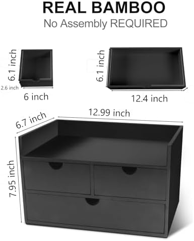 Charmewooden Bamboo Desk Organizer 3 Drawer with Shelf, Countertop Organizer with Drawers Makeup Storage Drawer 3 Drawers Tabletop Storage Organization Box Home Office Workspace（Black）