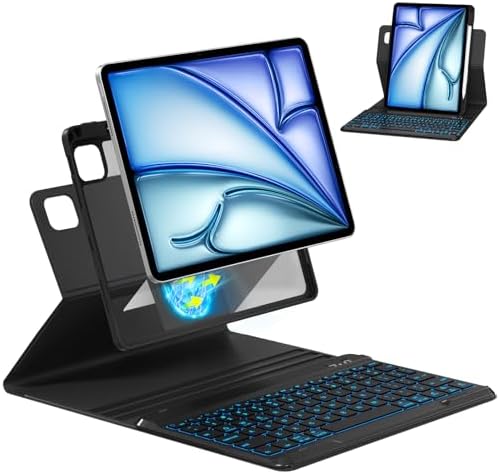 Magnetic 360 Rotatable Wireless Bluetooth Keyboard Case for iPad Air 13 (M2) & Pro 12.9 (6th/5th/4th/3rd Gen) - 7 Colors Backlit Detachable Folio Cover (Black)