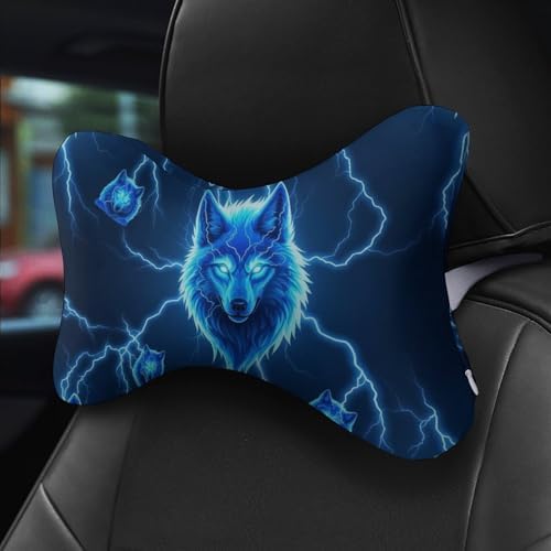 Car Neck Support Pillow Blue Wolf Wild Animals 2 Pcs Adjustable Strap Memory Foam for Car Airplane Home