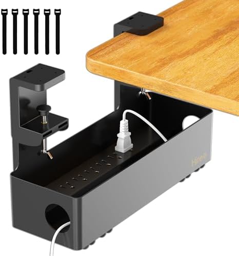 Under Desk Cable Management Tray with 6 AC Power Outlet and Clamp Mount, No Drill Cord Storage Organizers for Wire Management, Standing Desk, Computer Cord Rack for Office & Home (Black)