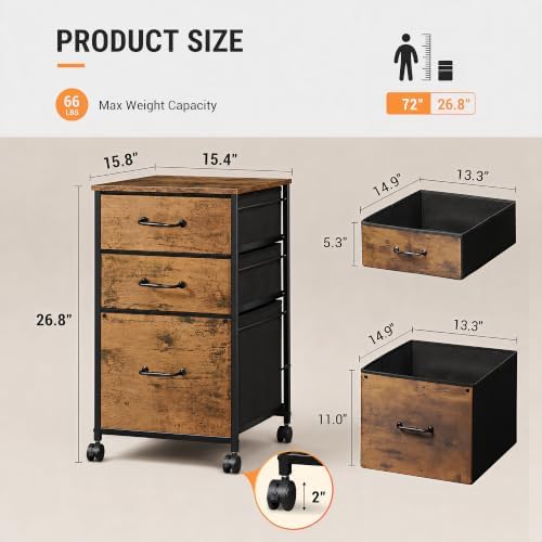 DEVAISE 3-Drawer Mobile File Cabinet, Rolling Printer Stand, Rustic Brown