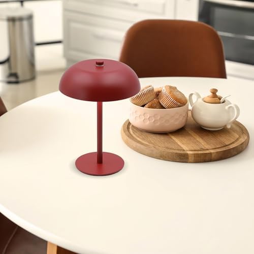Cordless LED Mushroom Table Lamp, 5200mAh Battery, Dimmable 3 Color, Red