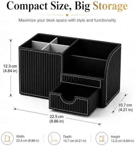 KINGFOM Executive Leather Desk Organizer with Drawer, Modern Black Desk Accessories for Men, Premium Office Desk Organizer with Pen Holder & Storage Compartments for Home Office