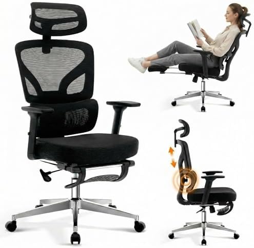 Ergonomic Mesh Office Chair with Footrest, 135° Reclining, Black