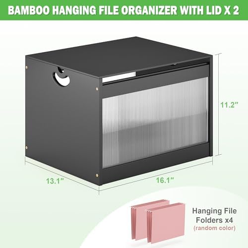 Bamboo Hanging File Box Organizer with Lid, Wood File Folder, Black, 2 Pack