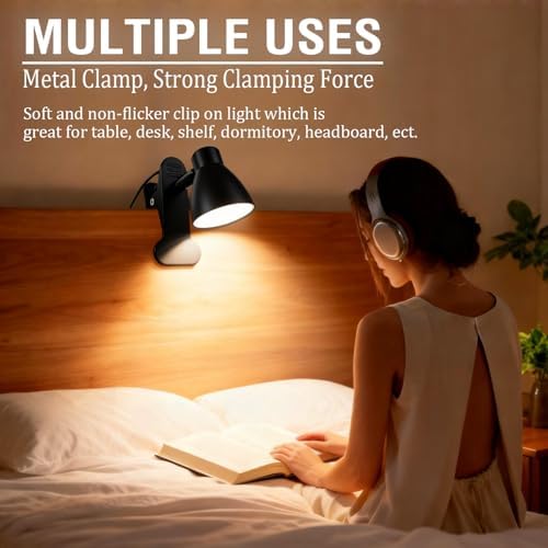 CRI 90+ Clip on Reading Lamp, Clip on Light for Bed headboard/Desk/Bunk/Table/Shelf, Bedside Reading Light with 3 Color Temperature Options, 10 Dimmable Brightness Levels (6W/2Packs)
