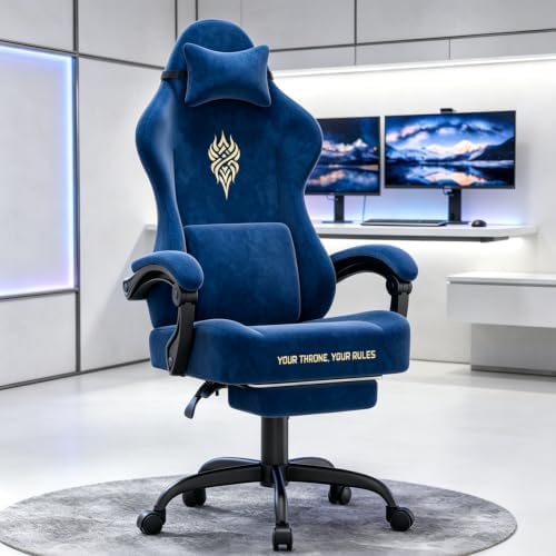 Soontrans Dark Blue Velvet Fabric Gaming Chair for Adult, Ergonomic Comfortable Video Gamer Chair with Footrest, Reclining Office Computer Desk Game Chairs with Massage Lumbar Cushion,Headrest