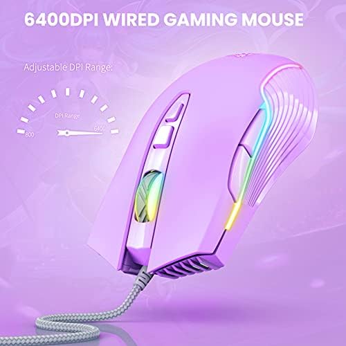 RGB Gaming Mouse Wired, 6400 DPI & 7 Buttons, Lilac