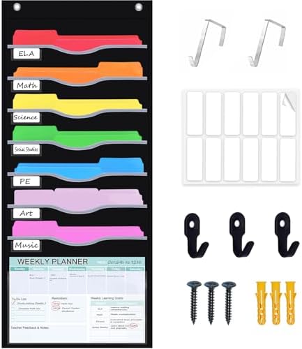 ALSLEA 8 Pockets Hanging Wall File Organizer 15" Extra Wide Pocket Chart for Classroom, Office, Home, Mail Organizer Wall Mounted with 1 Writable Clear Pocket, 5 Wall/ Door Hooks & 12 Labels (Black)