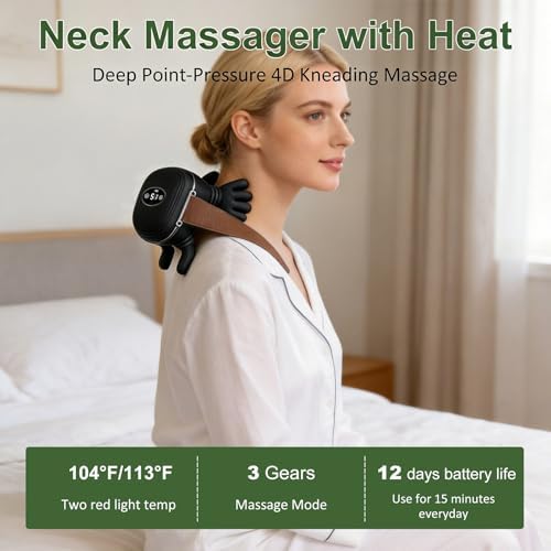 Neck Massager with Heat, Cordless 4D Kneading Neck Shoulder Back Massager, Deep Tissue Pain Relief Massager with Bionic Fingers & Screen, Ideal Gift for Men Women(Black)
