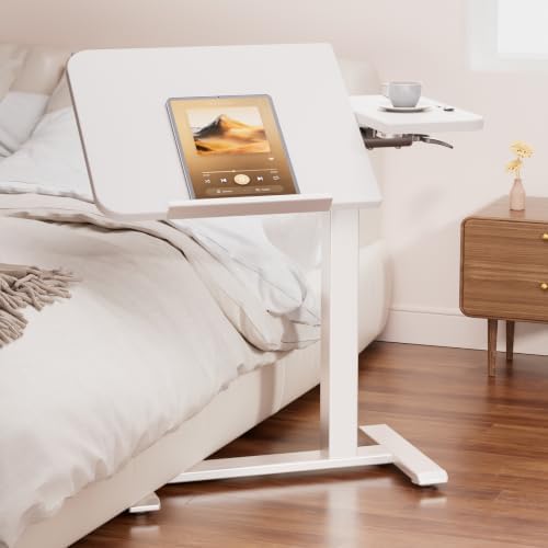 COMHOMA Tiltable Mobile Small Standing Desk, Pneumatic Adjustable Height Overbed Bedside Table with Wheels, Sit Stand Portable Rolling Laptop Desk Computer Workstations, White