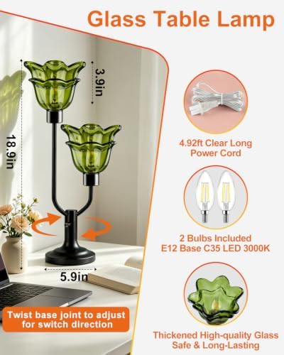 Lightdot Mid Century Modern Flower Green Table Lamp for Bedroom Dimmable