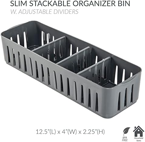 Simplify 2 Pack 4 Compartment Stackable Bin with Adjustable Dividers | Drawer Organizer | Storage Basket | Good for Office | Desk Supplies | Dorm |Bathroom | Accessories | Make Up | Grey