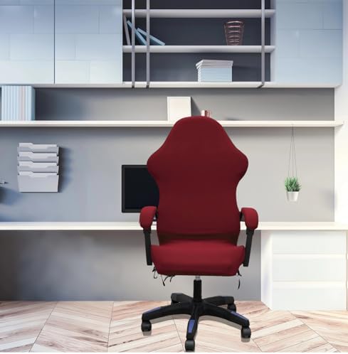 Gaming Chair Cover Set with Armrest Covers, Stretch Ruffled Slipcover for Racing Office Computer Reclining Chairs (Wine red)