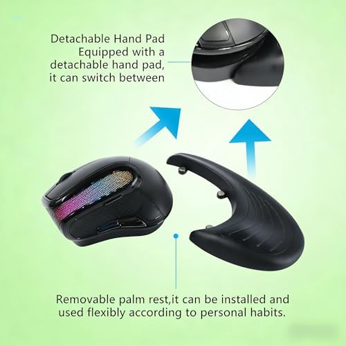 Ergonomic mouse, Wireless Vertical mouse, RGB Light ,Human Engineering, Gaming, 6 buttons, 2.4G ,800/1200/1600/3200 DPI, rechargeable, Mute, Detachable hand pads, Mac/Windows/IOS/ PC Compatible