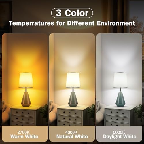 Small Bedside Table Lamp for Bedroom-Reading Desk Lamp Set of 2,with 3 Color Temperatures,15.5" Nightstand Ceramic Lamp with Fabric Shade for Kids Room,Living Room,Dorm,Home Office (Green)