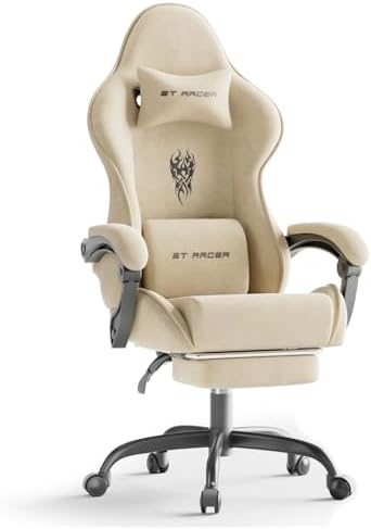 Ferghana Velvet Fabric Gaming Chair, High Back Ergonomic Gamer Chair for Adult, Comfortable Video Game Chair with Footrest and Massage Lumbar Cushion, Racing Reclining Office Computer Desk Chair Beige