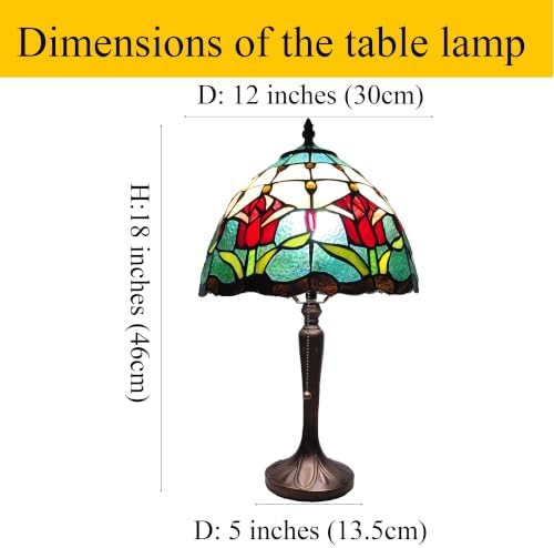 Tiffany Table Lamp Red Baroque Style Stained Glass Lamp 12X12X18 Inch Antique Lamp for Office Home Bedroom Living Include 3-Color LED Bulb