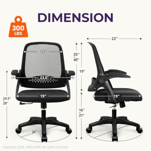 NEO CHAIR Office Desk Chair, Ergonomic Mesh with Flip-Up Arms, Dark Black