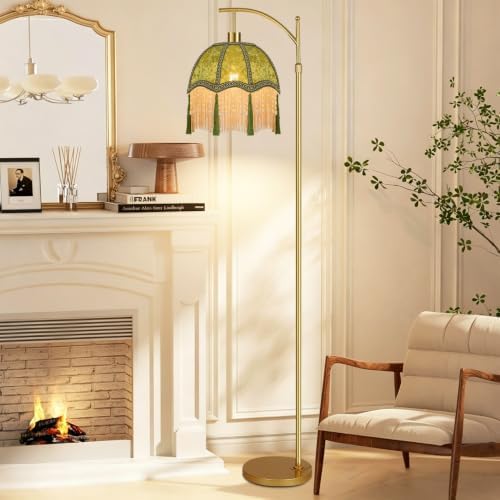 Vintage Floor Lamps for Living Room Boho Rustic Floor Lamp with Remote Control & 3 Color Temperature,Dimmable Gold Floor Lamp Mid Century Modern Standing Lamp Fringe Green Tall Floor Lamp For Bedroom