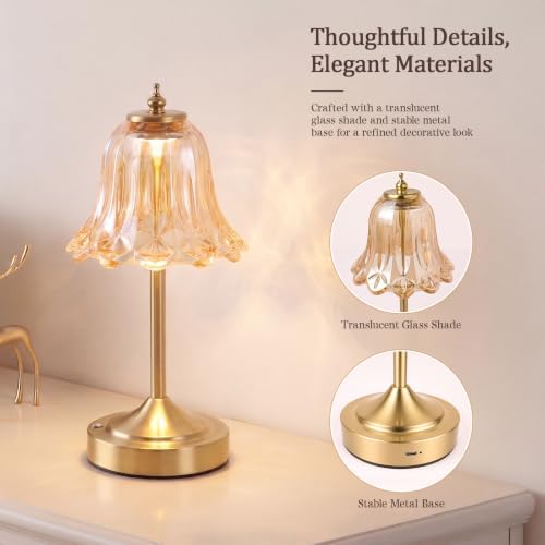 Cordless Table Lamp, Rechargeable Amber Glass Tulip Flower Touch Lamp