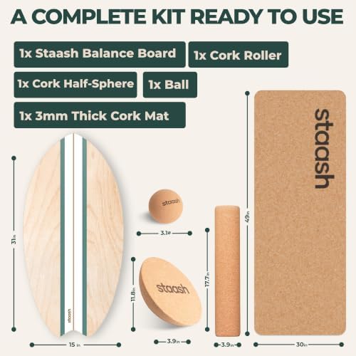 STAASH® Balance Board Full Kit – Premium Birch Wood Trainer with Cork Roller, Balance Disc, Massage Ball & Anti-Slip Mat – Core Strength, Surf, Snowboard & Rehab Training – All-In-One Set