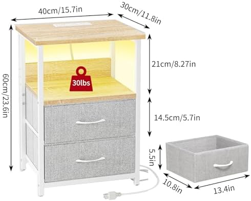 Fixwal Night Stand with Charging Station, Led Nightstand, 2 Fabric Drawers