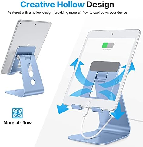 OMOTON Adjustable Tablet Stand for Desk, Upgraded Longer Arms for Greater Stability, T2 Tablet Holder with Hollow Design for Bigger Sized Phones and Tablets Such as iPad Pro/Air/Mini, Blue