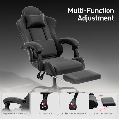 MoNiBloom Gaming Chair, Footrest & Lumbar Support, Height Adjust, Black