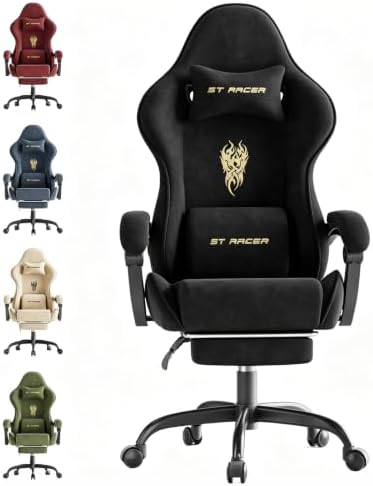 Soontrans Comfortable Video Gamer Chairwith Footrest, Ergonomic Velvet Fabric Gaming Chair for Adult, Reclining Desk Game Office Computer Chairs with Massage Lumbar Cushion,Headrest