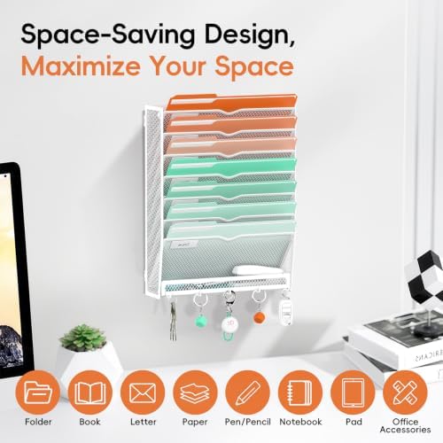 Wall File Holder Hanging Wall File Organizer, Wall Mount Mail Holder and Paper Organizer with Bottom Shelf & 5 Hooks for Office Home School (8-Tier White)