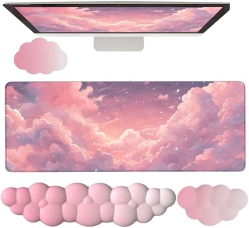 Pink Cloud Large Mouse Pad for Desk Cloud Keyboard Wrist Rest 4PCS Extended Cloud Desk Mat Pad Set Memory Foam Non-Slip Ergonomic Cute Gaming Mouse Pad Wrist Support for Computer Laptop Home Office