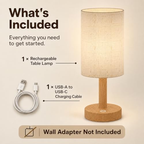 Small Rechargeable Cordless Table Lamp, Nightstand to Desk, Warm Oak