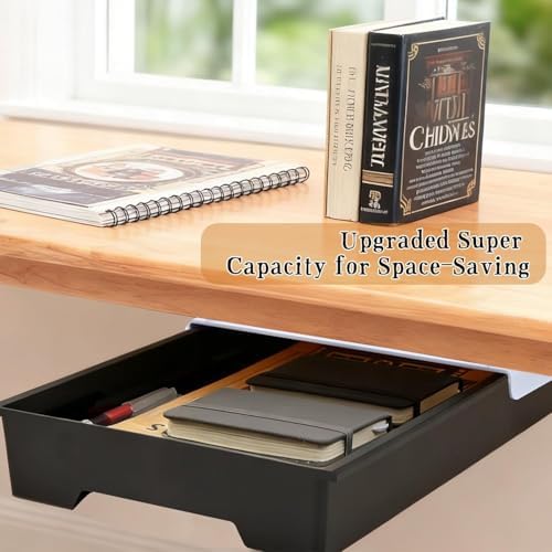 2 Pack 10.91"x 8.23" Under Desk Drawer Storage Organizer, Durable PC Material Self-Adhesive with Slide Out Rail, Hidden Hanging Desk Drawer for Office Supplies, Stationery, No Drilling Install, Black