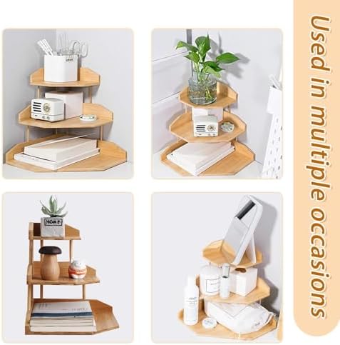 Bamboo Corner Desk Organizer Shelf, 3-Tier Triangle Storage Rack for Office & Home, Space-Saving Desktop Shelf for Books, Stationery, Makeup, Small Items