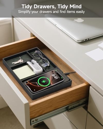 Valet Tray, Built in Wireless Charging Pad, Nightstand Organizer