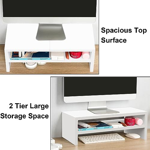 TEAMIX 20 inch White Monitor Riser Stand - 2 Tiers, Wood Desktop Bookshelf