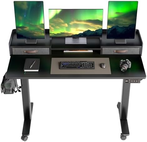 Claiks Standing Desk with Drawers & Wheels, 2 Height Shelf 48inch Black