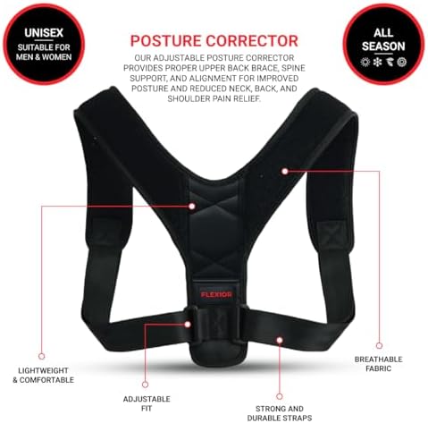 FLEXIOR Posture Corrector for Women and Men, Adjustable Back braces for Upper & Mid Spine Support, Comfortable Back Straightener posture corrector for Back with Carry Bag