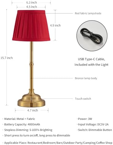 KDG Gold Cordless LED Table Lamps Set of 2, Red Fabric Shade Desk Lamps